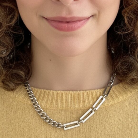 🆕️Minimalist Cuban Chain Necklace 18K White Gold Plated Stainless Steel Modern - Picture 1 of 15